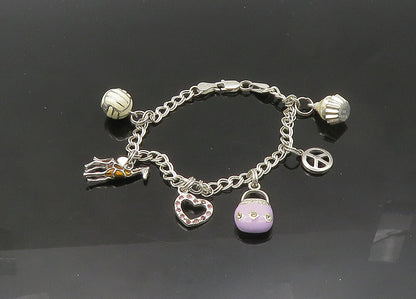 925 Sterling Silver  Vintage Topaz & Enamel Charmed Chain Bracelet  BT8479