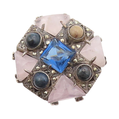 925 Sterling Silver Vintage Ring Geometric Multi Shaped Gemstones  Sz 8  RG33450