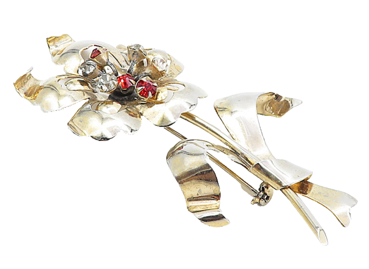 925 Sterling Silver  Vintage Red & White Topaz Shiny Flower Brooch Pin  BP3018