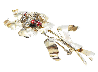 925 Sterling Silver  Vintage Red & White Topaz Shiny Flower Brooch Pin  BP3018
