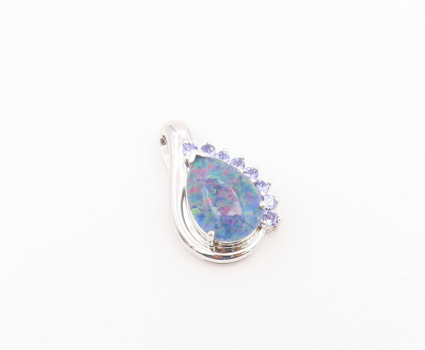 925 Sterling Silver Vintage Pendant Fire Opal & Tanzanite Teardrop  PT26590