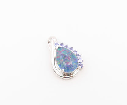 925 Sterling Silver Vintage Pendant Fire Opal & Tanzanite Teardrop  PT26590