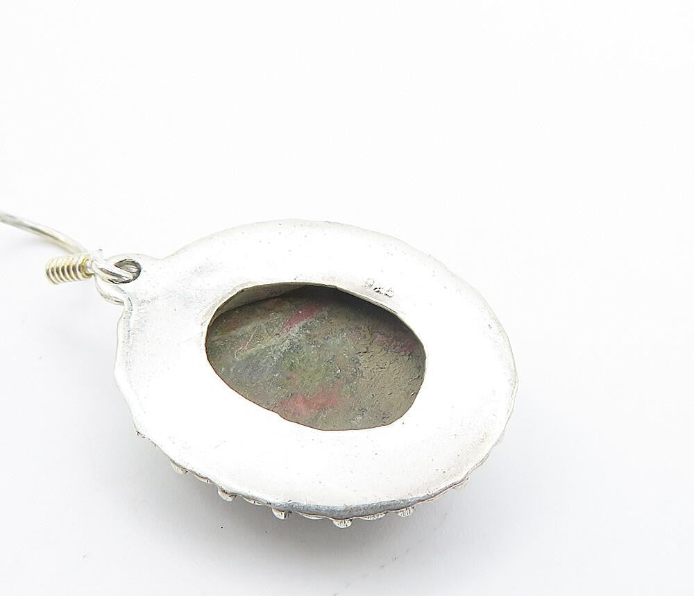 925 Sterling Silver  Vintage Unakite Circle Border Dangle Earrings  EG3557