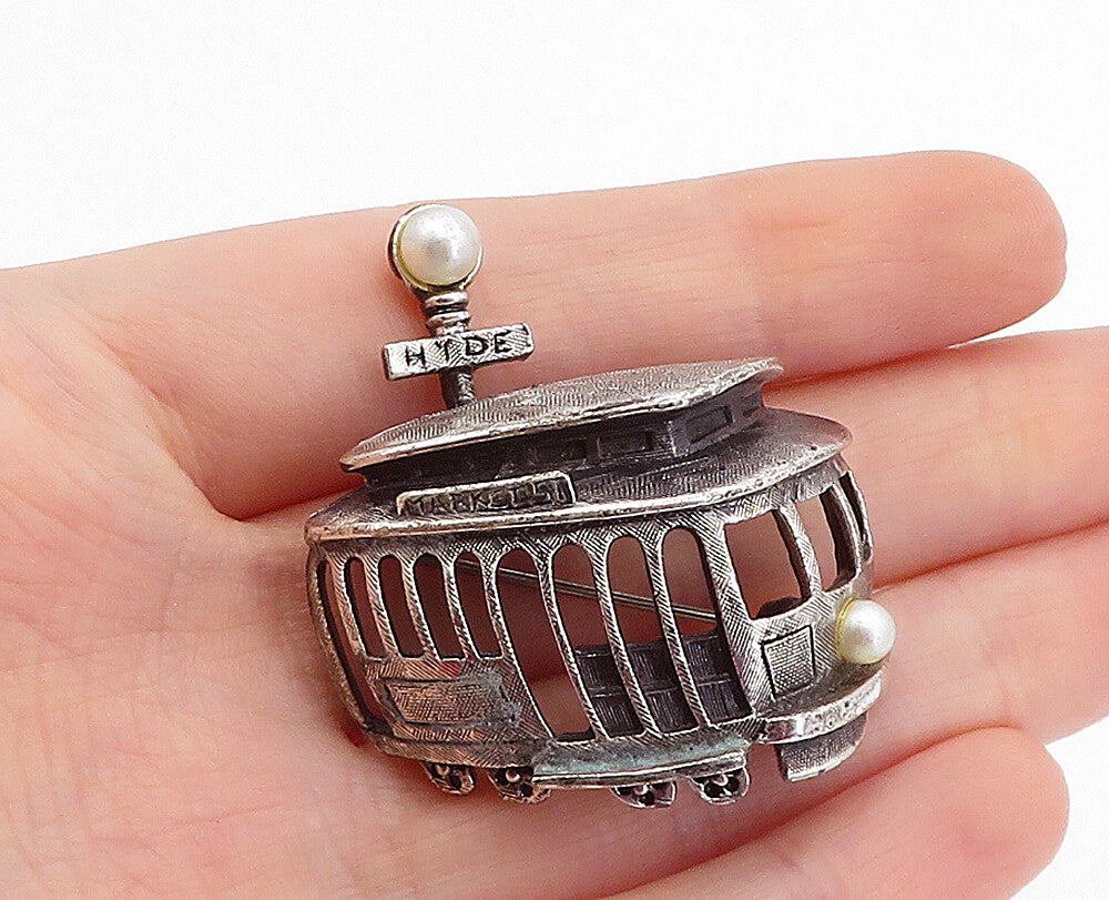 925 Sterling Silver  Vintage Dark Tone Pearl Trolley Car Brooch Pin  BP1613
