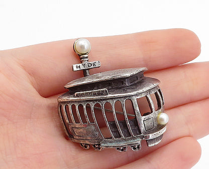 925 Sterling Silver  Vintage Dark Tone Pearl Trolley Car Brooch Pin  BP1613