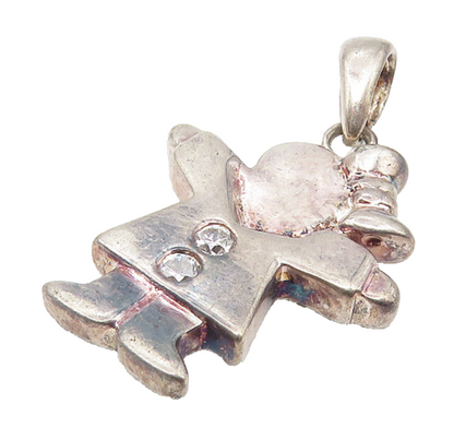 925 Sterling Silver  Vintage Topaz Dark Tone Girl In Dress Pendant  PT8818