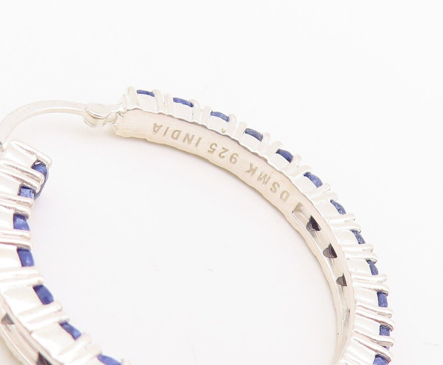 925 Sterling Silver Vintage Earrings Minimalist Sapphire Inlay Hoops  EG13155