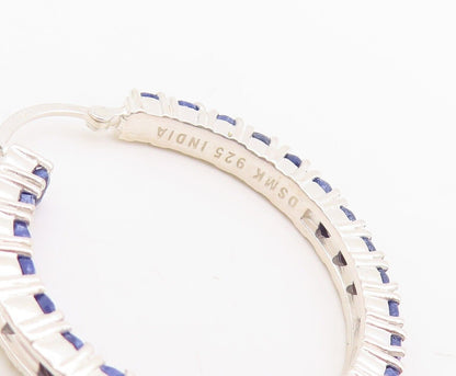 925 Sterling Silver Vintage Earrings Minimalist Sapphire Inlay Hoops  EG13155