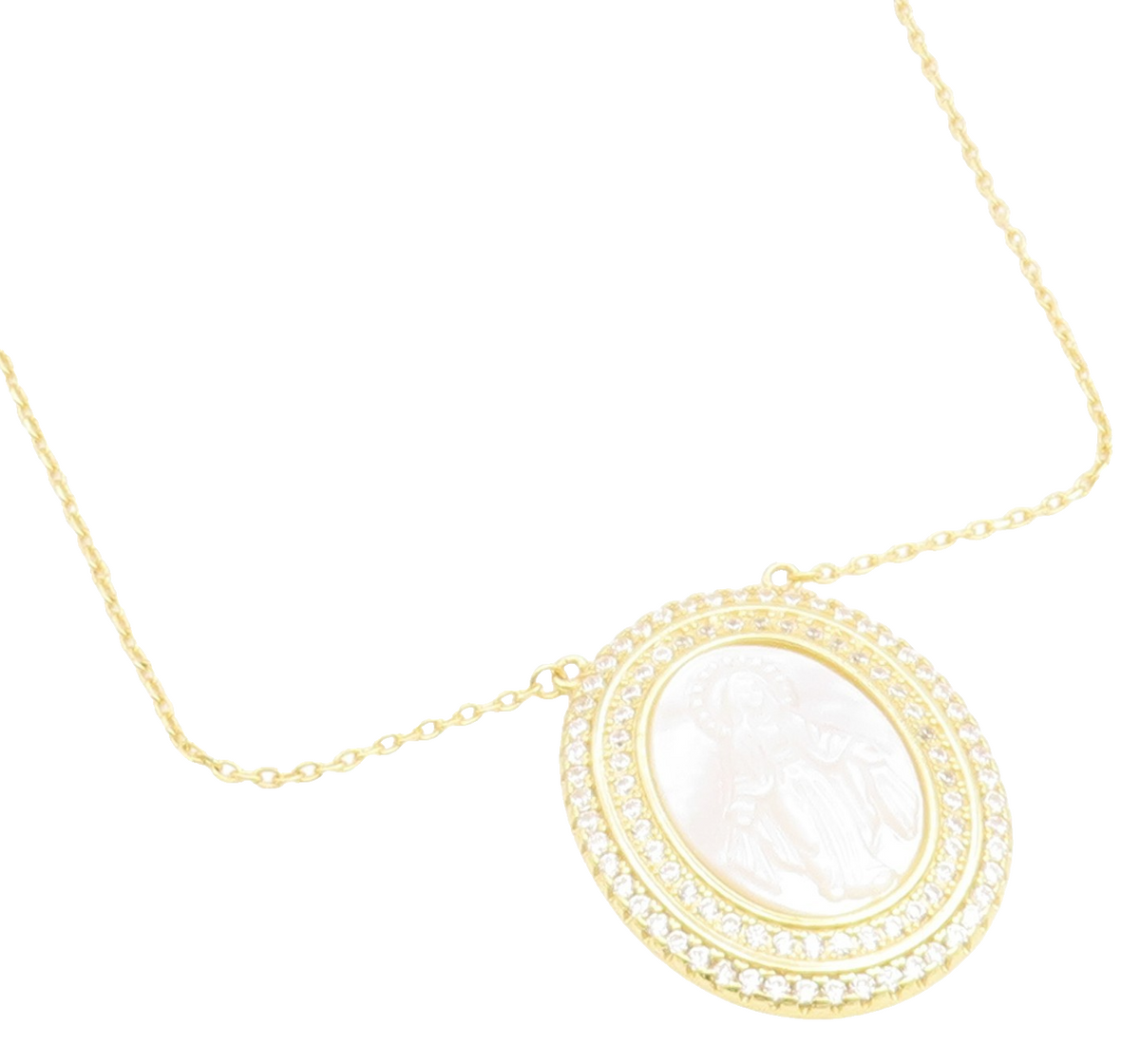 925 Sterling Silver Vintage Necklace Gold Plated Mother Of Pearl Mary  NE4896