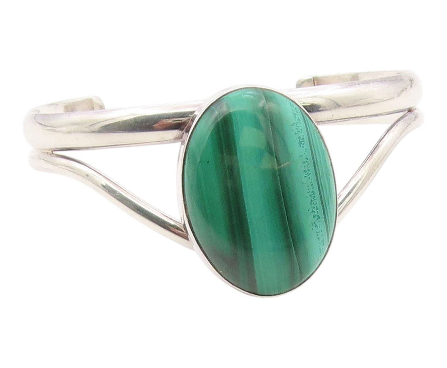 925 Sterling Silver Vintage Bracelet Cabochon Malachite Modernist Cuff  BT12102