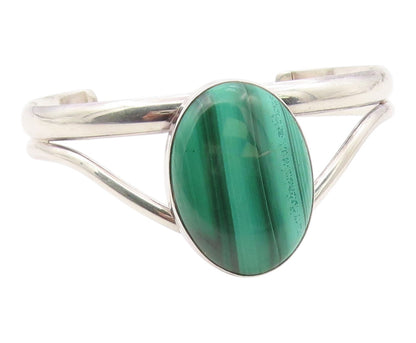 925 Sterling Silver Vintage Bracelet Cabochon Malachite Modernist Cuff  BT12102