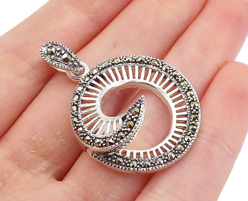 925 Sterling Silver  Marcasite Decorated Shiny Cutout Swirl Pendant  PT6009