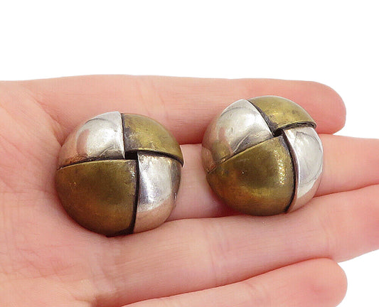 MEXICO 925 Sterling Silver Vintage Two Tone Dome Button Drop Earrings EG2883