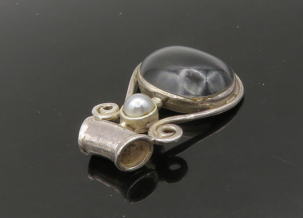 925 Sterling Silver  Vintage Cabochon Black Onyx & Pearl Swirl Pendant PT17711