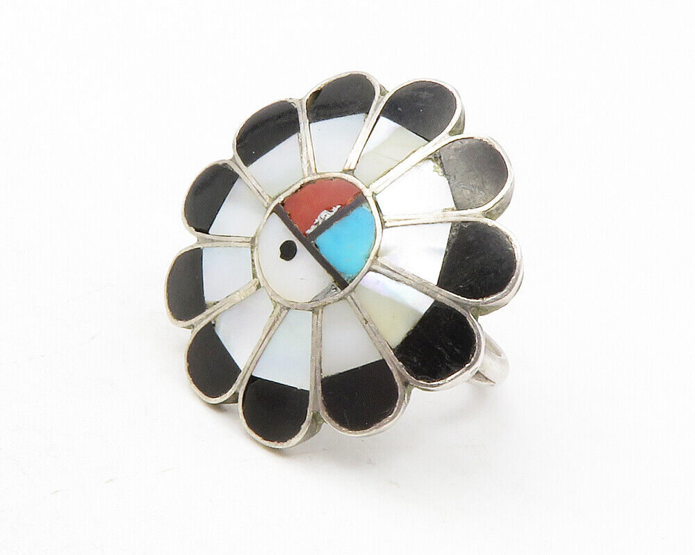 ZUNI 925 Silver  Vintage Mother Of Pearl Floral Cocktail Ring Sz 7  RG12712