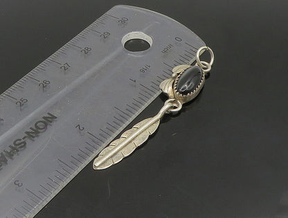 NAVAJO 925 Silver  Vintage Black Onyx Feather Floral Leaf Pendant  PT19556