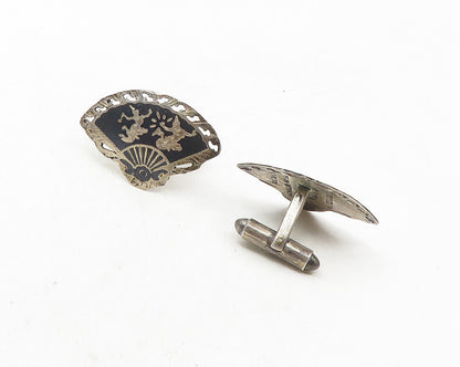 SIAM 925 Sterling Silver  Vintage Niello Dancer Fan Motif Cuff Links  TR1710