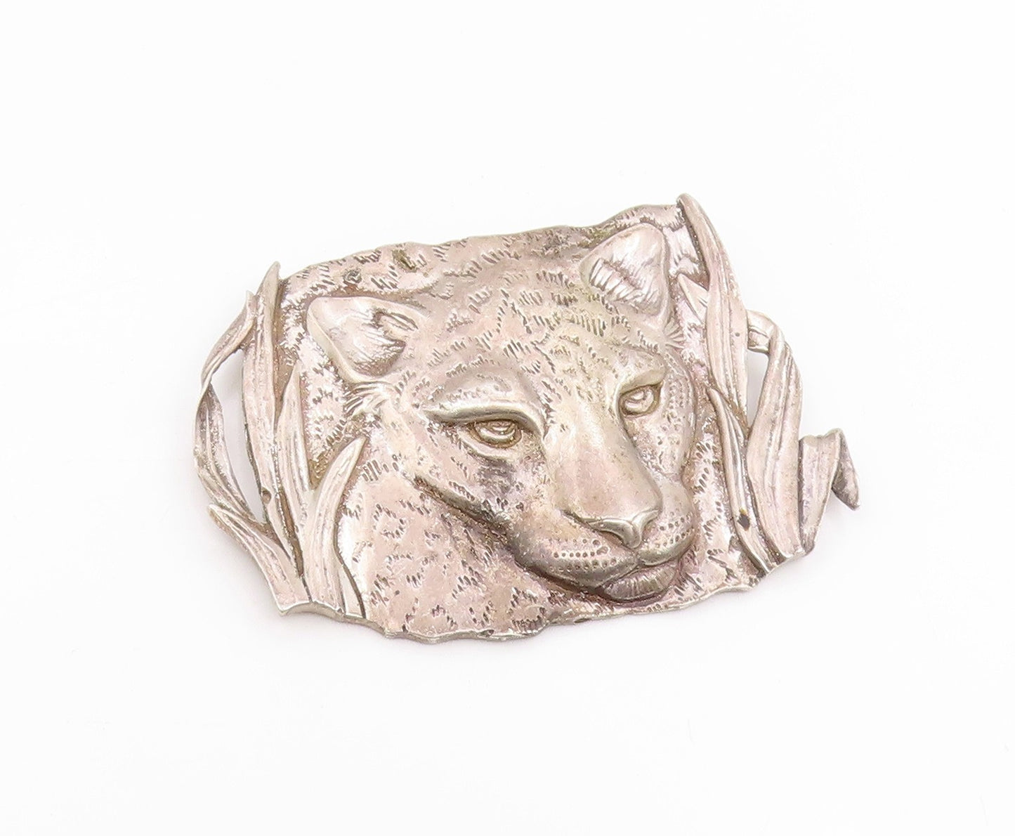 925 Sterling Silver Vintage Brooch Pin MEXICO Etched Leopard In Grass  BP12401