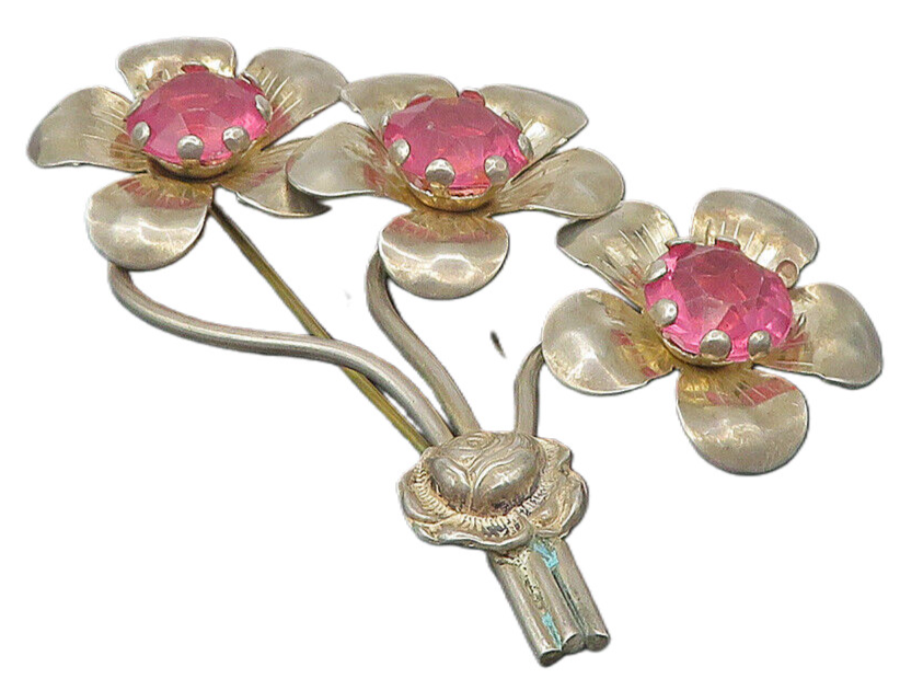 925 Sterling Silver  Vintage Pink Topaz Flower Bunch Motif Brooch Pin  BP4311