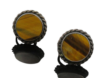 925 Sterling Silver  Vintage Tiger's Eye Twist Non Pierce Earrings  EG8925