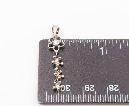 925 Sterling Silver  White Cubic Zirconia Floral Pebbled Drop Pendant  PT1517