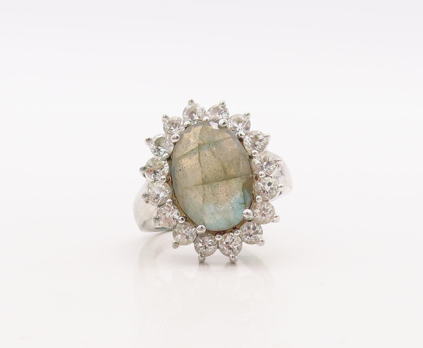 925 Sterling Silver Vintage Ring Oval Cut Gemstone Halo Topaz  Sz 7  RG29850
