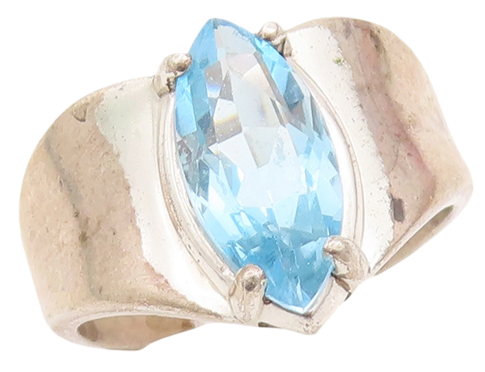 925 Sterling Silver Vintage Ring Solid Marquise Cut Blue CZ  Sz 10.5  RG29087