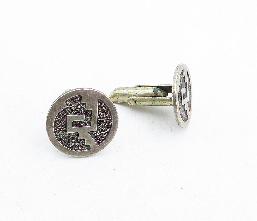 MEXICO 925 Sterling Silver  Vintage Oxidized Pattern Round Cufflinks  TR1259