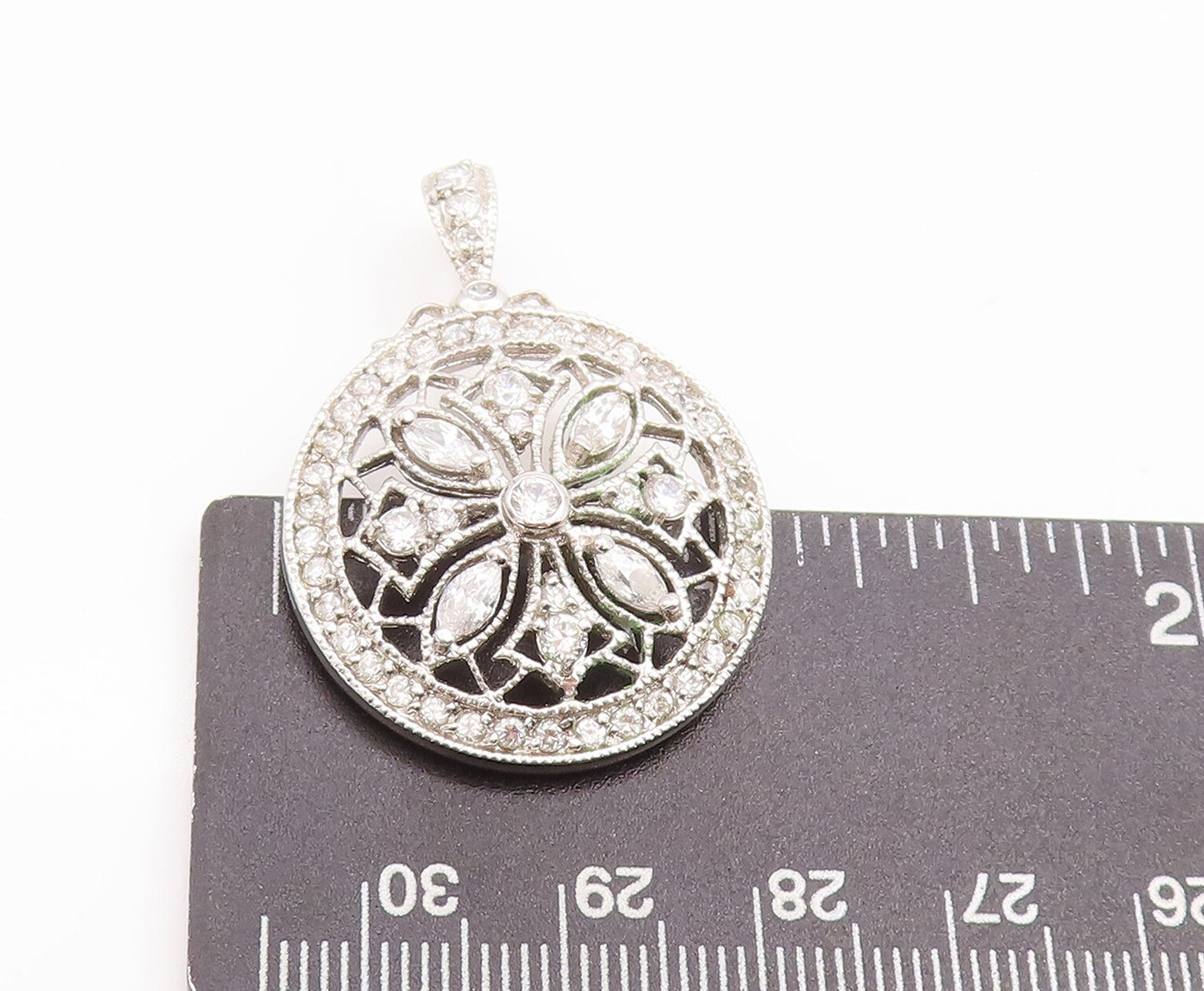 925 Sterling Silver Vintage Pendant Round CZ Inlay Cutout Floral Design  PT23248