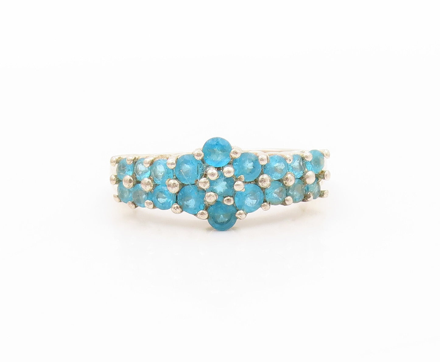 925 Sterling Silver Vintage Ring Round Blue Topaz Flower Band Inlay Sz 6 RG31924