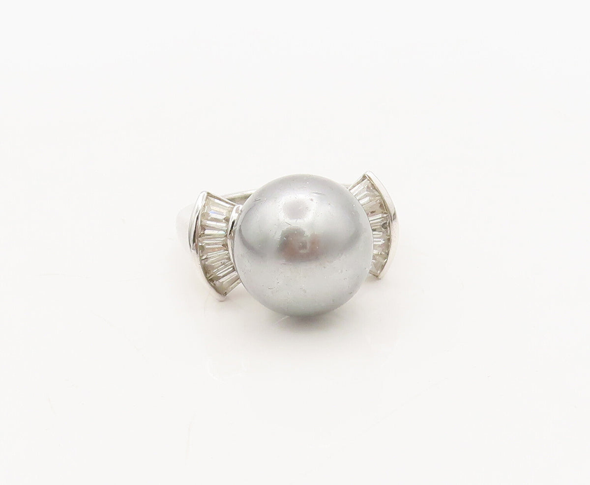 925 Sterling Silver Vintage Ring Large Pearl CZ Side Fan Effect Sz 6  RG27652