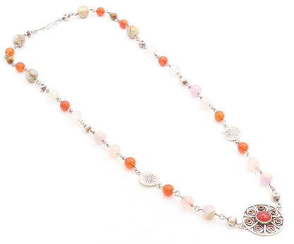 STRANGER 925 Silver  Vintage Carnelian Quartz & Agate Beaded Necklace  NE1383