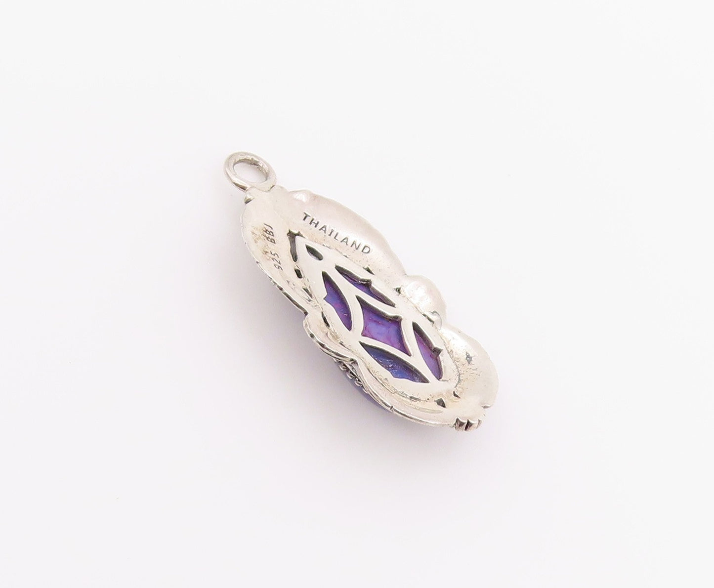 925 Sterling Silver Vintage Pendant Purple Turquoise Etched Leaf Drop  PT26525