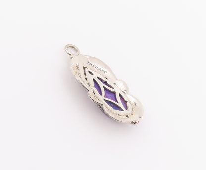 925 Sterling Silver Vintage Pendant Purple Turquoise Etched Leaf Drop  PT26525