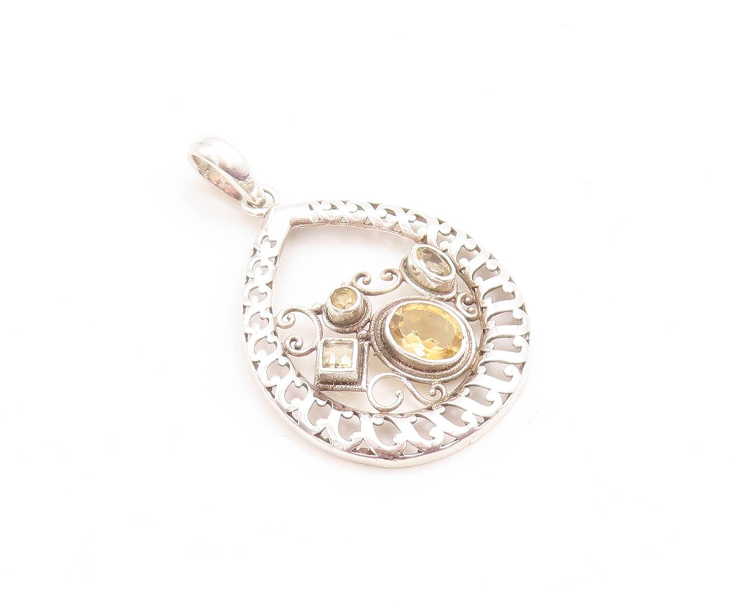 925 Sterling Silver Vintage Pendant Designer Swirly Cutout Citrine Inlay PT23760