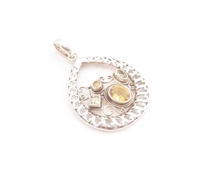 925 Sterling Silver Vintage Pendant Designer Swirly Cutout Citrine Inlay PT23760