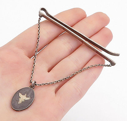 SIAM 925 Sterling Silver  Vintage Niello Etched Chained Thin Tie Clip  TR1183