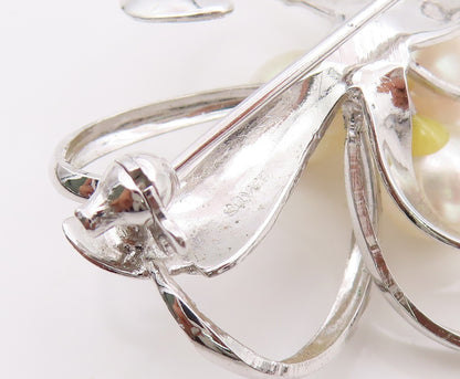 925 Sterling Silver Vintage Brooch Designer Cutout Pearl Flower  BP11470