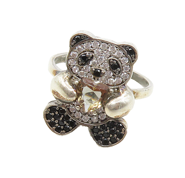 925 Sterling Silver  Peridot Hematite & Topaz Panda Band Ring Sz 6  RG17362