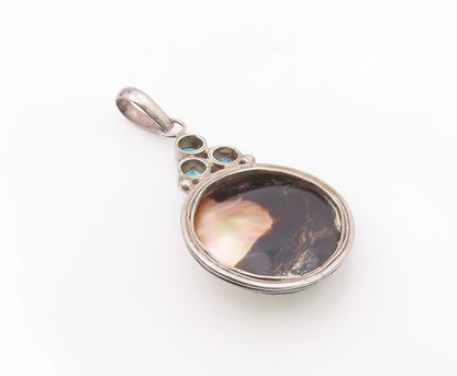 925 Sterling Silver  Vintage Mother Of Pearl & Blue Topaz Pendant  PT17019