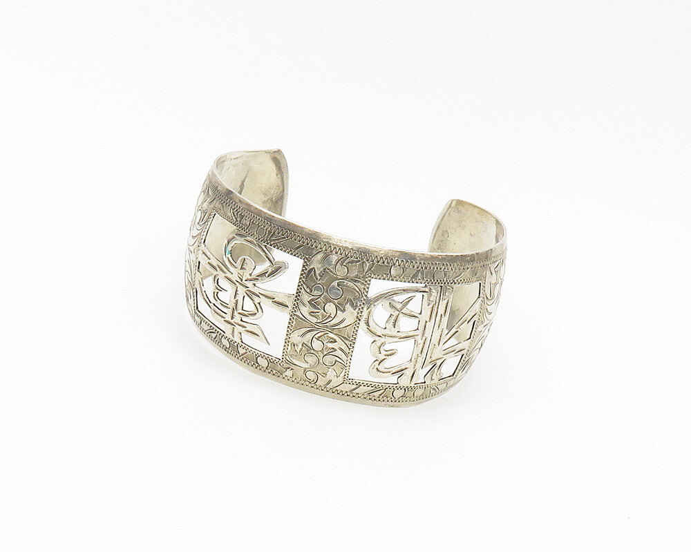 CHINESE 925 Sterling Silver Vintage Floral Vine Etched Cuff Bracelet  BT7088