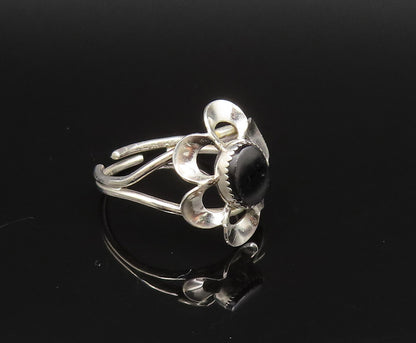 925 Sterling Silver  Vintage Open Floral Pedals Black Onyx Ring Sz 6  RG25746