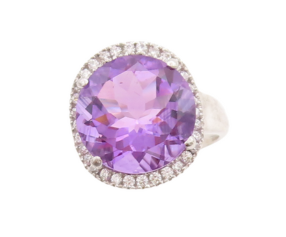 925 Sterling Silver Vintage Ring Round Cut Amethyst Halo CZ  Sz 7.5  RG29571