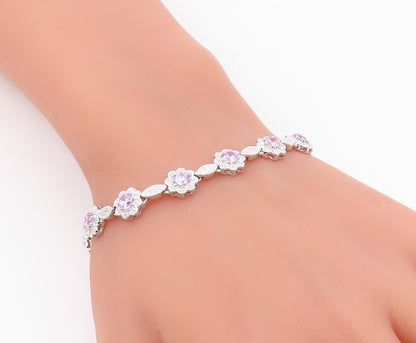 925 Sterling Silver  Shiny Purple Cubic Zirconia Floral Chain Bracelet  BT7364