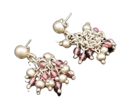 925 Sterling Silver  Vintage Beaded Cluster Chain Dangle Earrings  EG11713