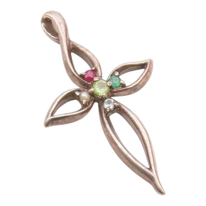 LENOX 925 Silver Vintage Pearl Ruby Emerald & Multi Stone Pendant PT19991
