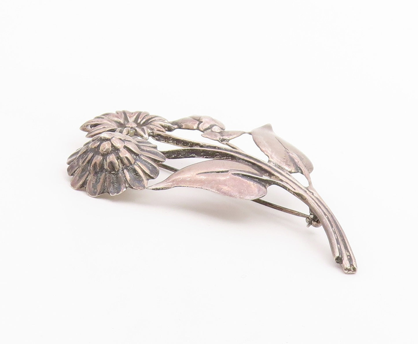 925 Sterling Silver Vintage Antique Carved Flowers With Stem Brooch Pin BP9574