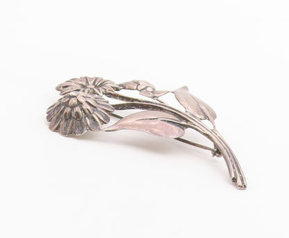 925 Sterling Silver Vintage Antique Carved Flowers With Stem Brooch Pin BP9574
