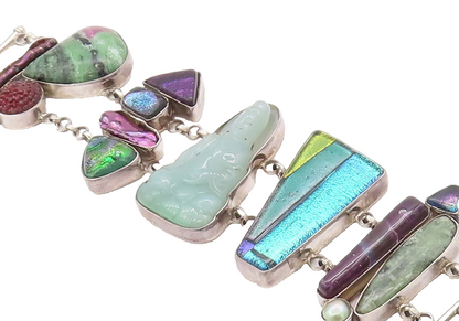 925 Sterling Silver Vintage Bracelet Heavy Designer Multi Stone Buddha  BT10357