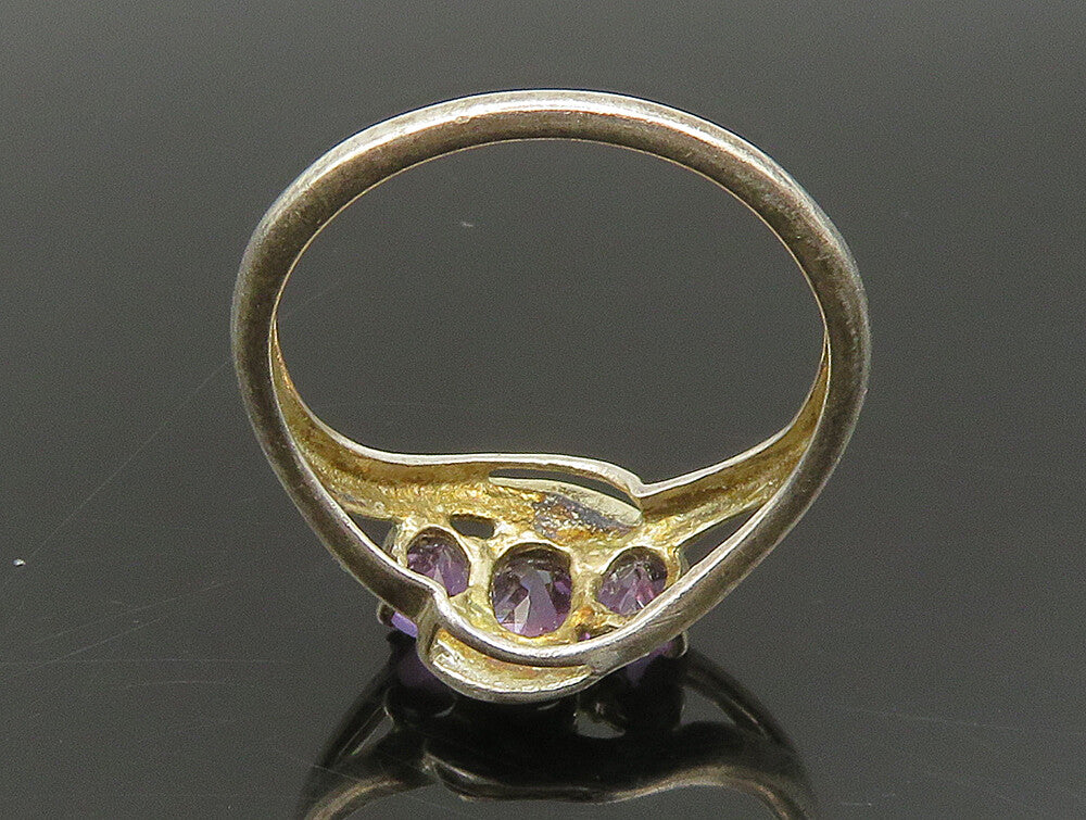 925 Silver  Vintage Oval Amethyst Three Stone Split Shank Ring Sz 6  RG24247